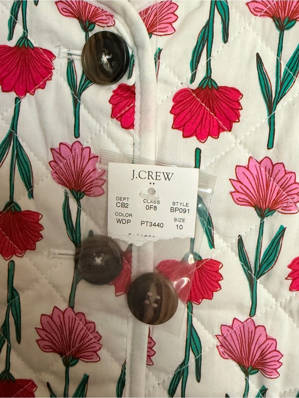 J. Crew White Quilted Jacket with Pink & Red Floral Print - Picture 2 of 6